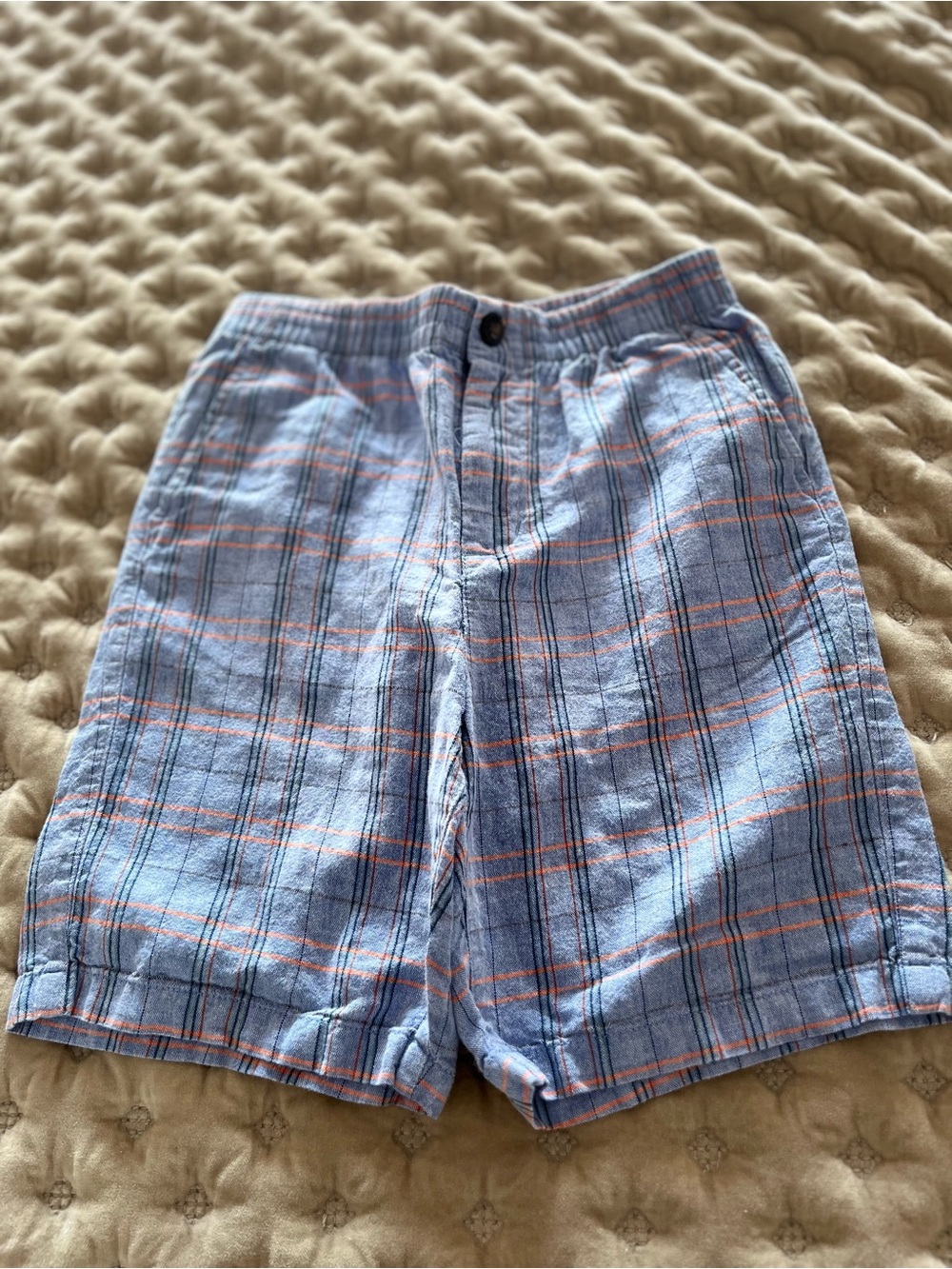 Janie and Jack Light Blue Plaid Shorts with Coral Stripe